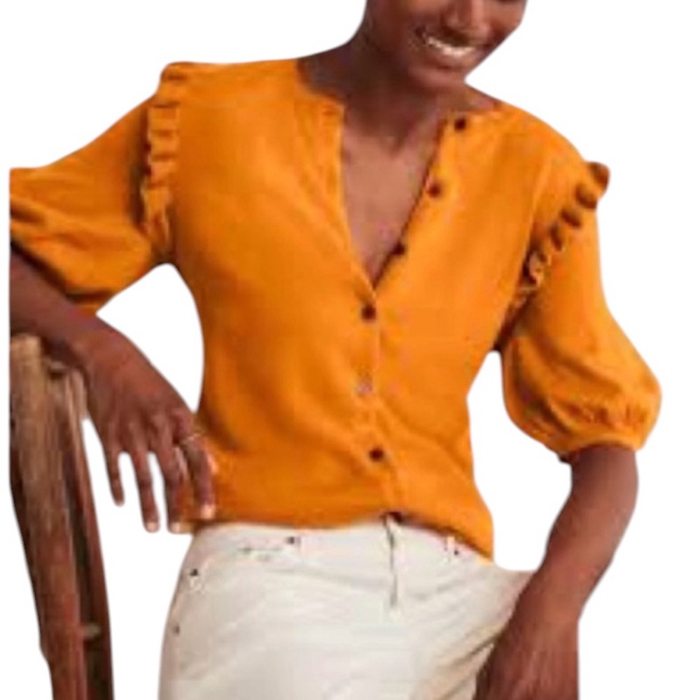 Boden Pumpkin Orange Frill Shoulder Button Front Puff Sleeve Cardigan - 2